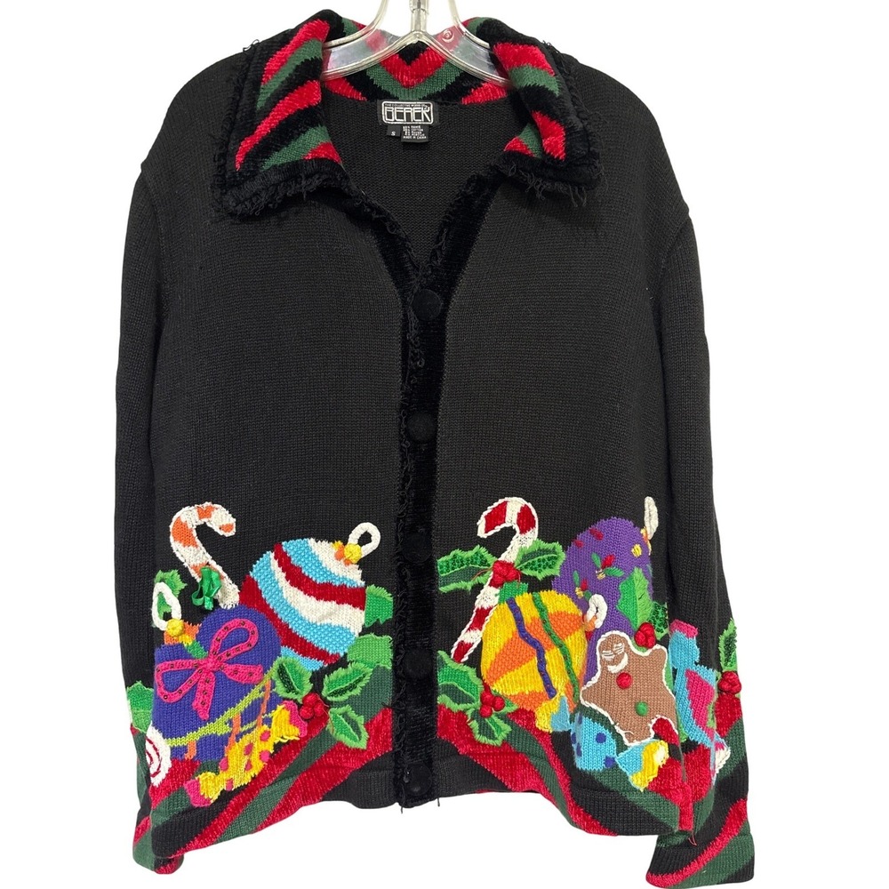 VTG Berek Black Christmas Ornament Candy Cane Ugly Sweater Cardigan Size S